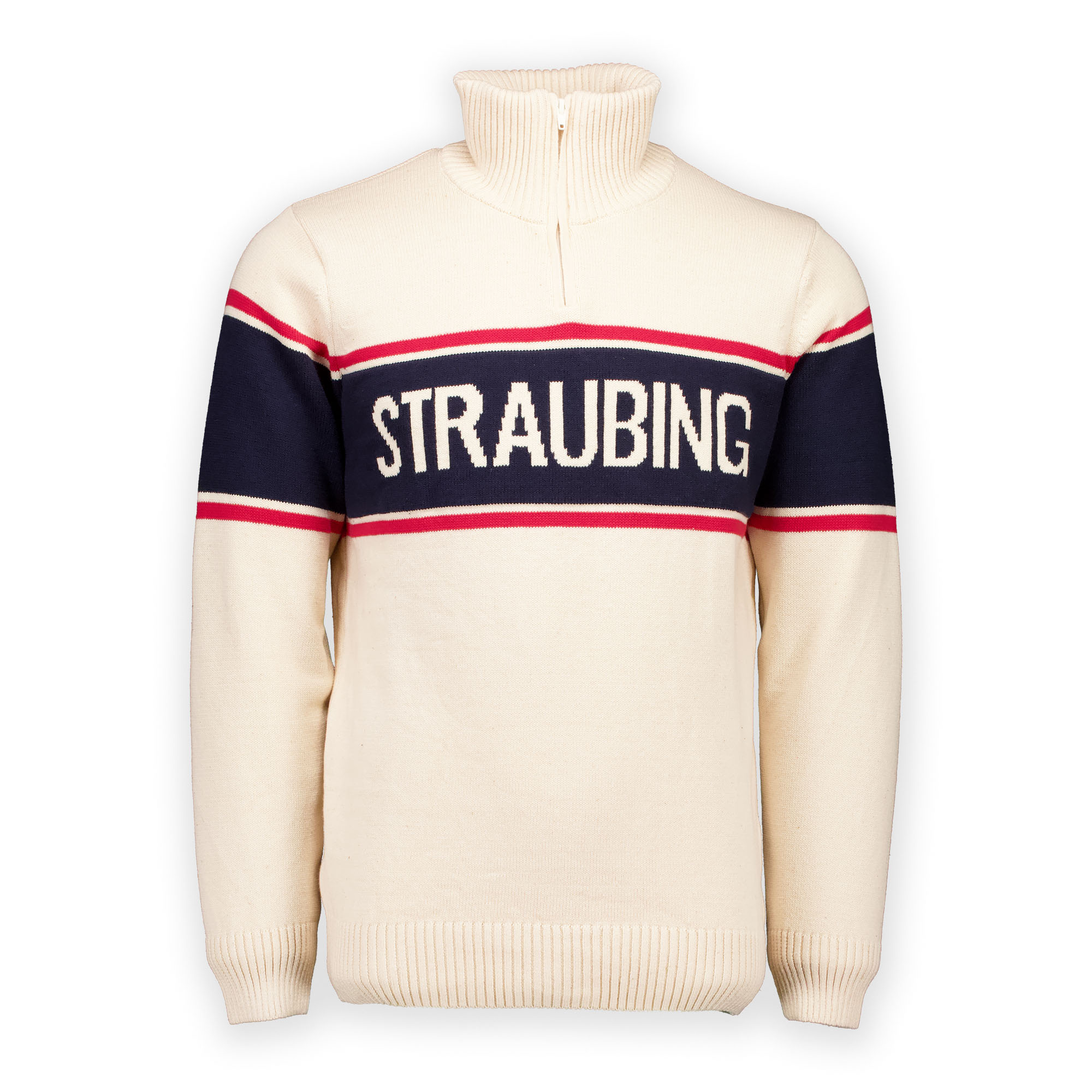 Winter Sweater Straubing weiß mit blau-roten streifen